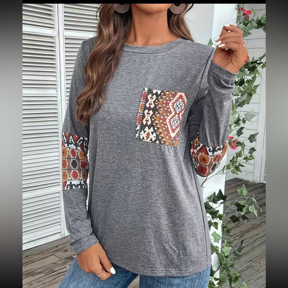 Moda Clothing Tops - Aztec Print Elbow Patch Long Sleeve Shirt